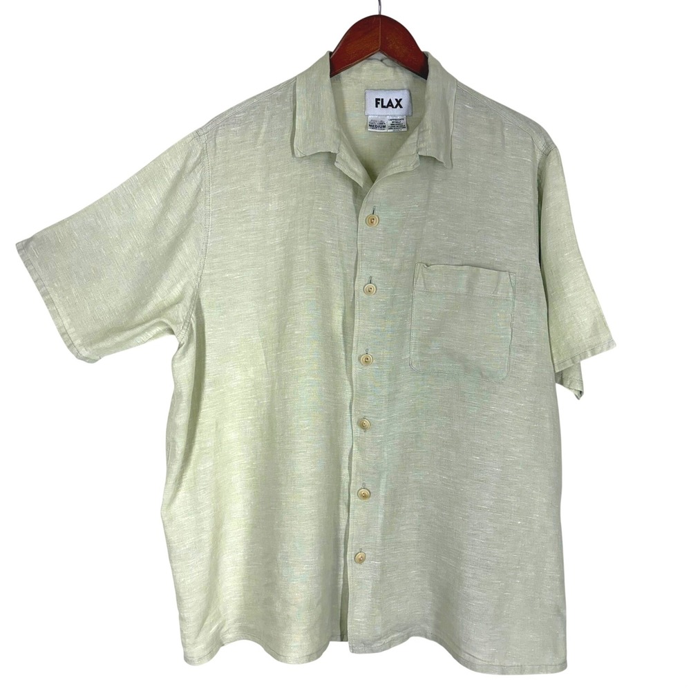 FLAX Womens Button Up Shirt Medium Sage Green Linen Short Sleeve Lagenlook